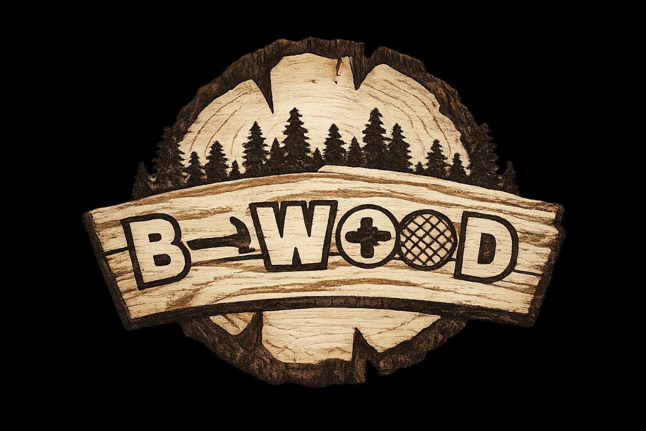 Logo B-Wood desenhado em madeira